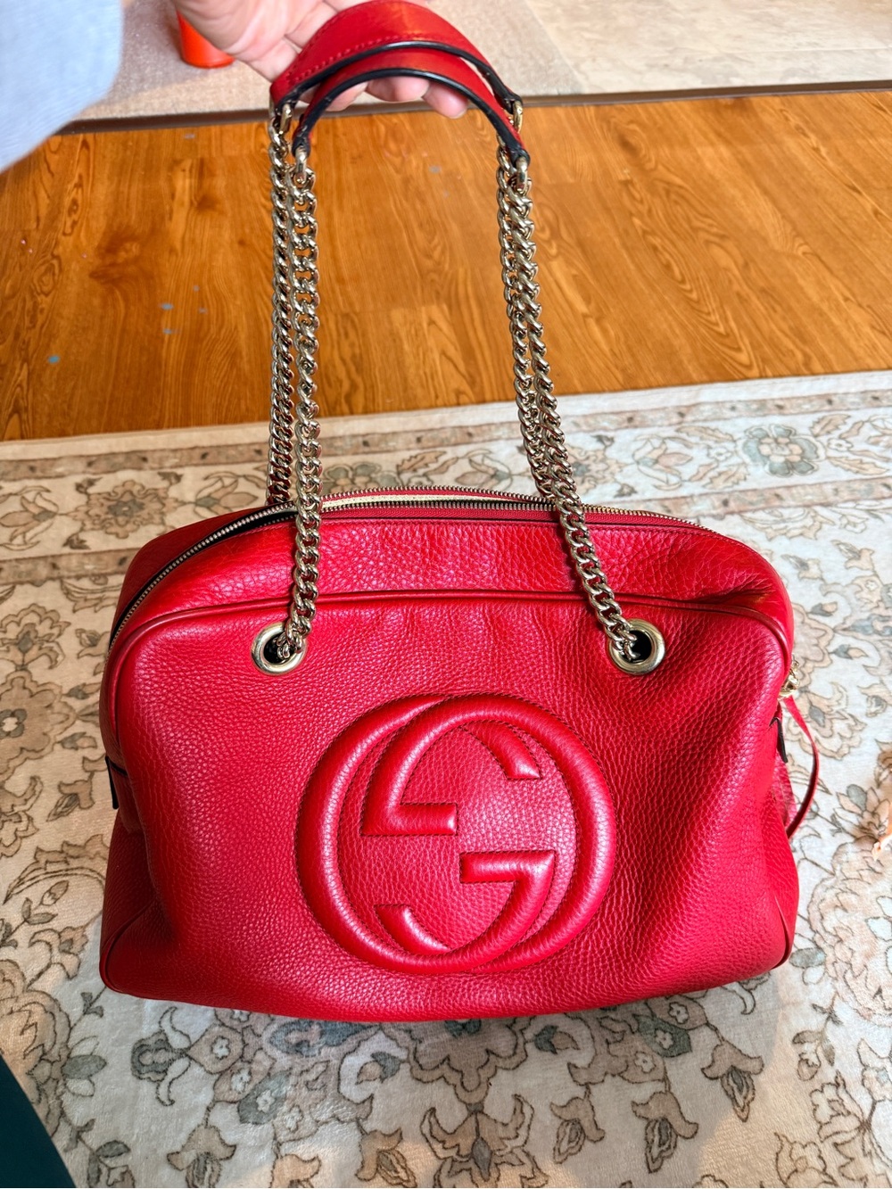 Gucci Red Pebbled Leather Chain Shoulder Bag with Tassel